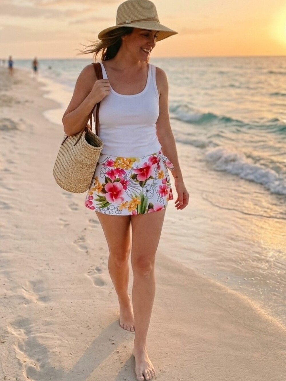 Athena Tropical Floral Bikini Swim Skirt Skort White Red Pink Hibiscus Size 8